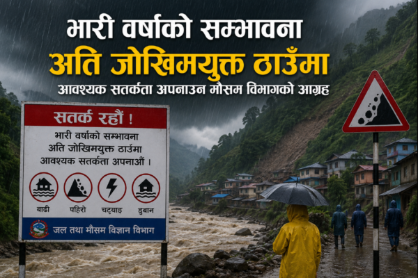 भारी वर्षाको चेतावनी: जोखिमयुक्त स्थानमा सतर्क रहन मौसम विभागको आग्रह