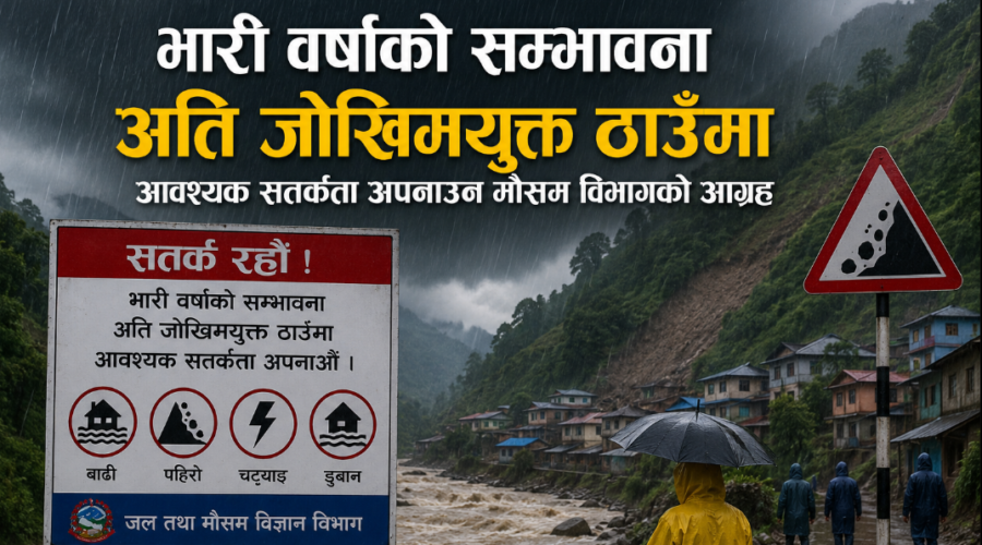 भारी वर्षाको चेतावनी: जोखिमयुक्त स्थानमा सतर्क रहन मौसम विभागको आग्रह