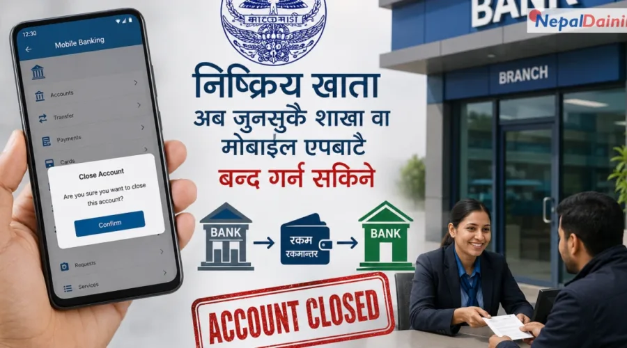 निष्क्रिय बैंक खाता अब जुनसुकै शाखा वा मोबाइल एपबाटै बन्द गर्न सकिने
